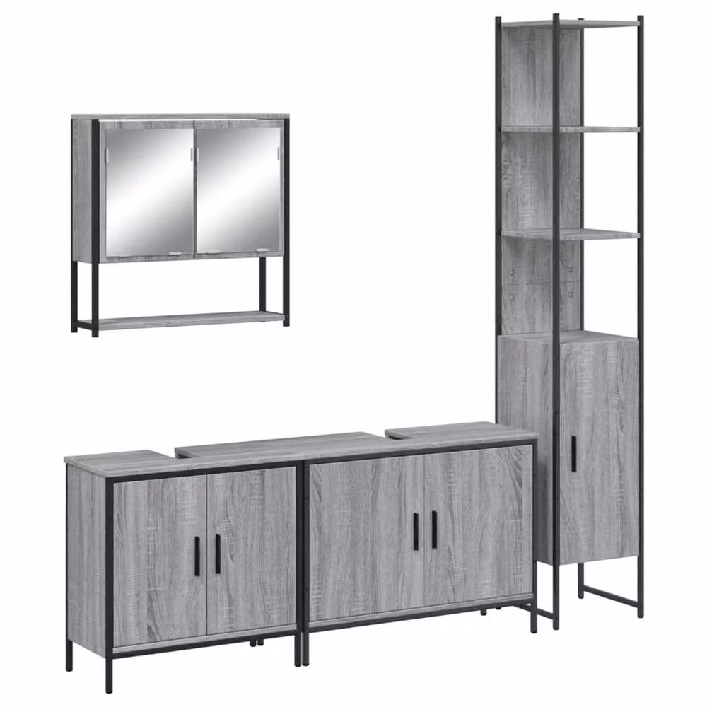 Berkfield Home 4 Piece Grey Bathroom Furniture Set with Mirror Cabinet, Vanity Unit and Tall Cabinet