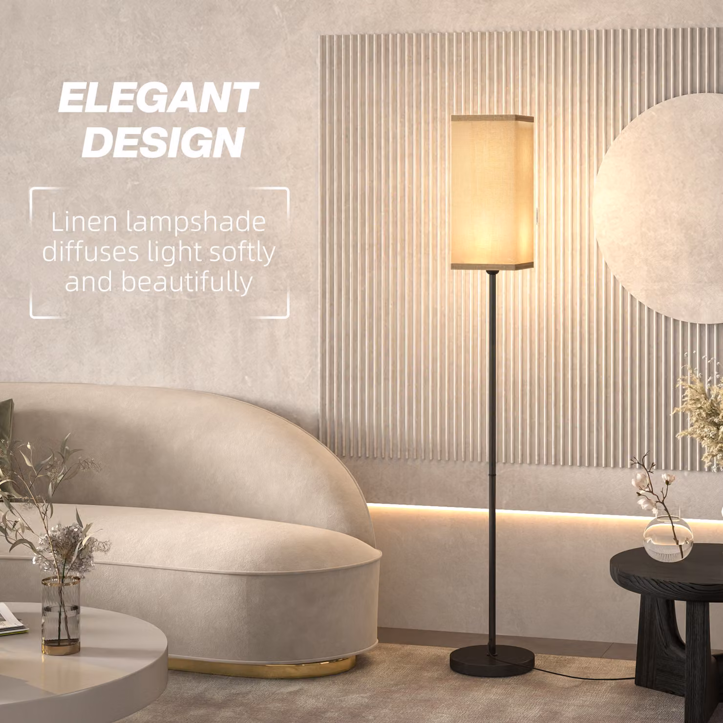 HOMCOM Modern Black Floor Lamp with Beige Fabric Linen Shade and Foot Switch – 3