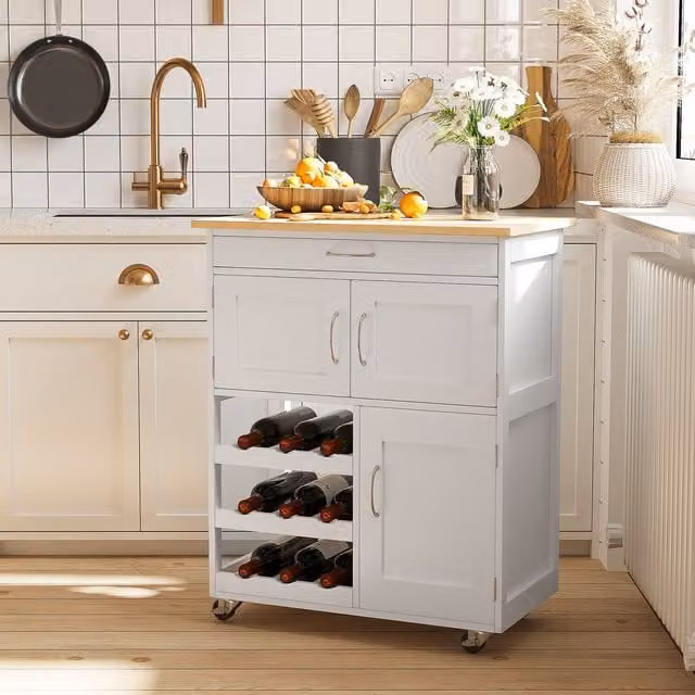 HOMCOM Modern White Kitchen Island Trolley Storage Cart with Drawer and Wine Rack Cabinet