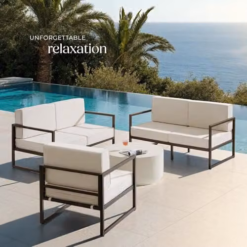 tectake Minimalist Garden Furniture Set with Two 2-Seater Sofas and One Lounge Armchair, Featuring Powder-Coated Steel Frames and Upholstered Foam Cushions with Removable Covers – 2