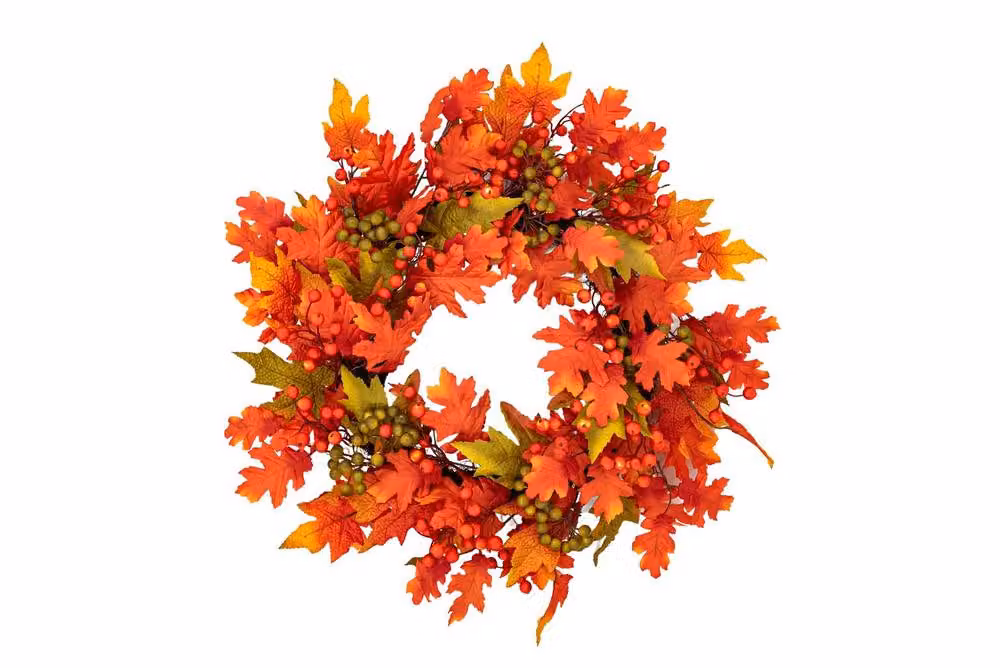 BOSK Autumn Blaze 26 inch Round Floral Wreath with Warm White LED Microbulbs in Orange, Red, Yellow and Green – 2