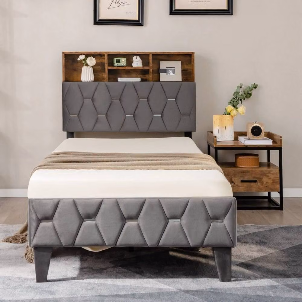 SPETLEK Single Upholstered Platform Bed Base with Storage and Headboard in Grey, W/D/H: 90 x 190 x 31.5 cm – 7