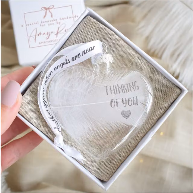 Amaya Rose Ltd Thinking of You In Memory of Feather Heart Glass Bauble in White and Transparent