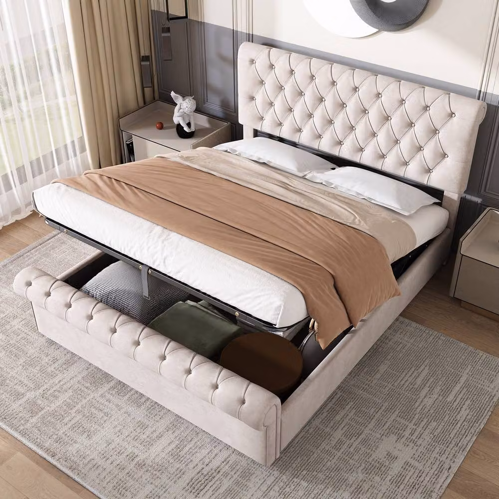 Matteo Luxurious Velvet Button-Tufted Sleigh Storage King Bed in Beige – 3