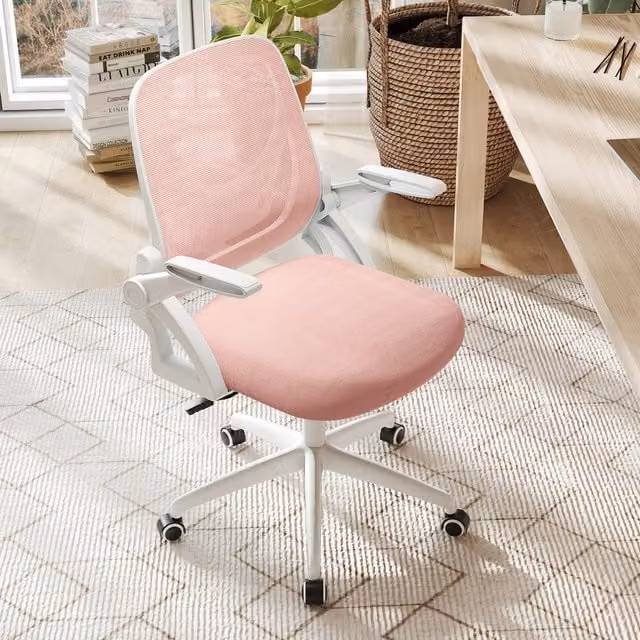 COSTWAY Modern Pink Fabric Office Swivel Task Chair with Armrests