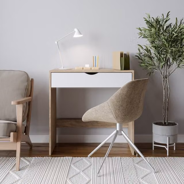 URBNLIVING Modern Oak Wood Computer Desk and Dressing Table with Single Pedestal Drawer