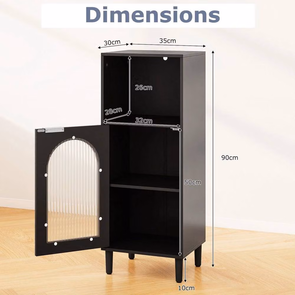 KORVIXA Black Lacquered Wood Freestanding Side Storage Cabinet with Glass Doors and Internal Shelves, W: 90 cm, H: 65 cm – 2