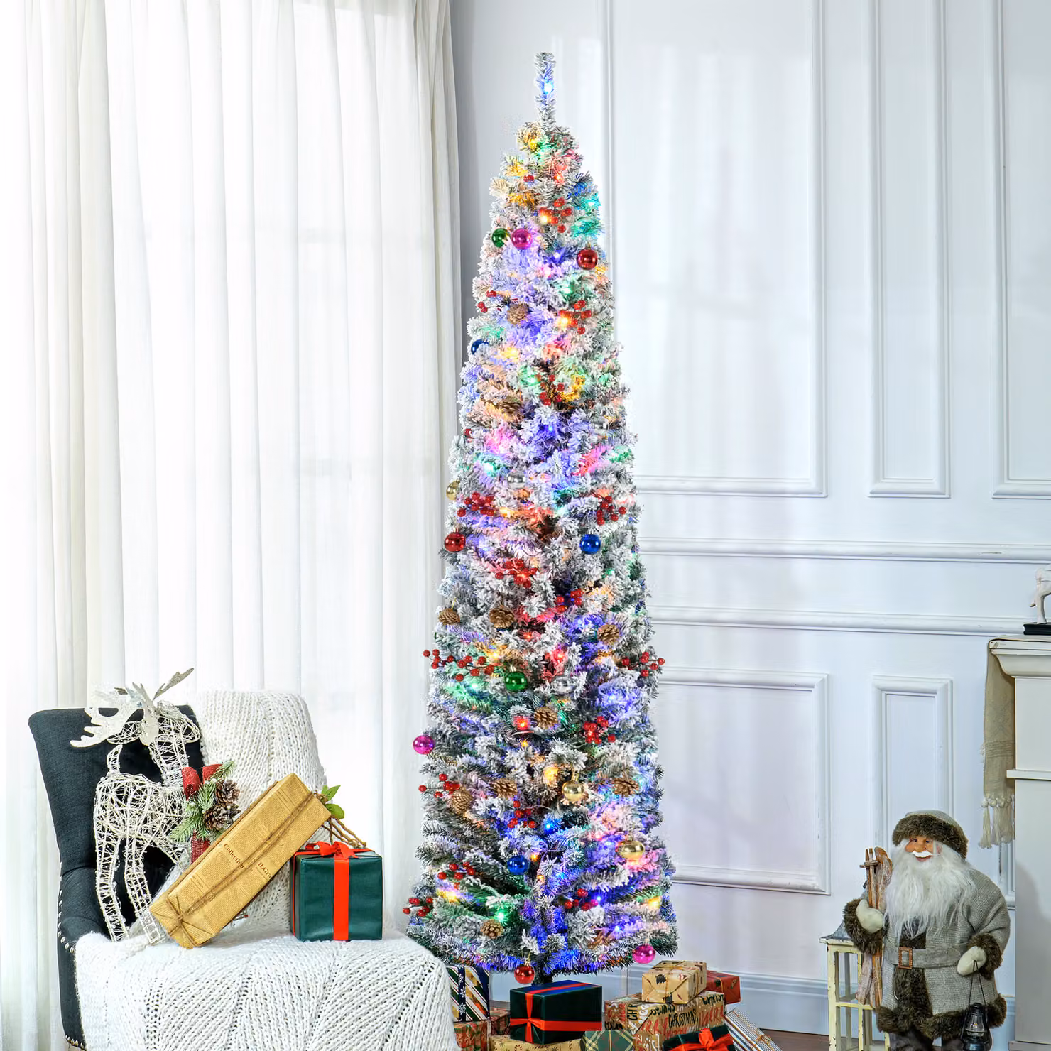 HOMCOM 7ft Artificial Flocked Christmas Tree with Multicolour LED Lights, Berries and Pine Cones – 2