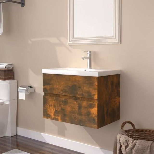 Berkfield Home Wall Mounted Bathroom Sink Cabinet with Built-in Basin in Smoked Oak Brown