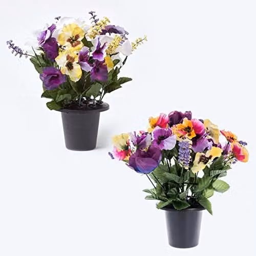 HOMESCAPES Set of 2 Artificial Grave Vases with Yellow and Purple Roses and Pansies in Black Pots, Height: 30 cm – 1