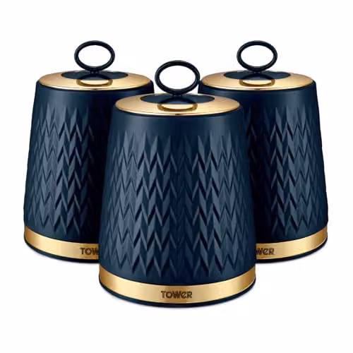 Tower Empire Airtight Kitchen Storage Canister Set of 3, Blue and Bronze Geometric Design