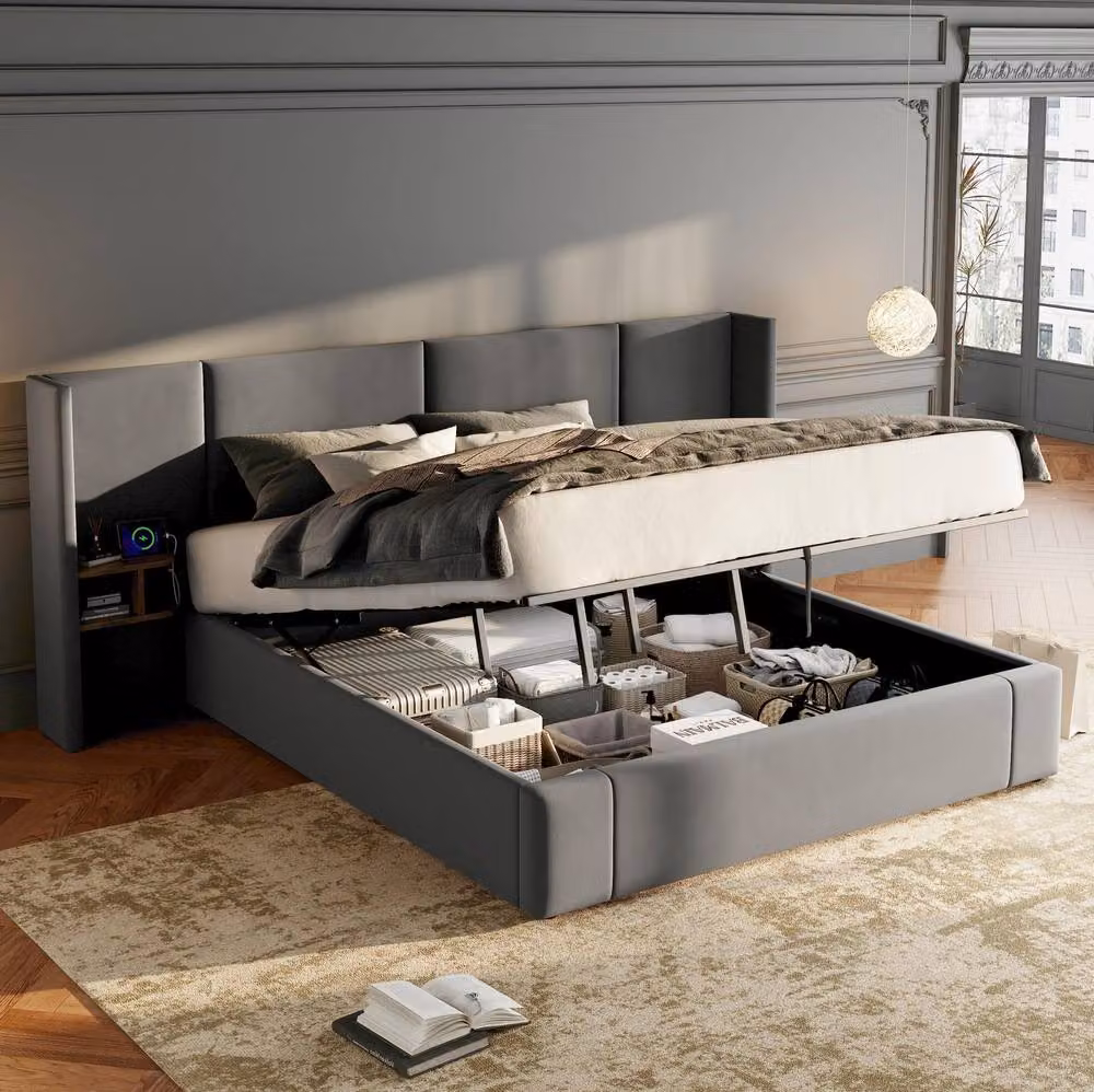 STILVORA Super King Ottoman Bed Frame with 2 Bedside Tables and USB Charging Ports in Grey Fabric – 2