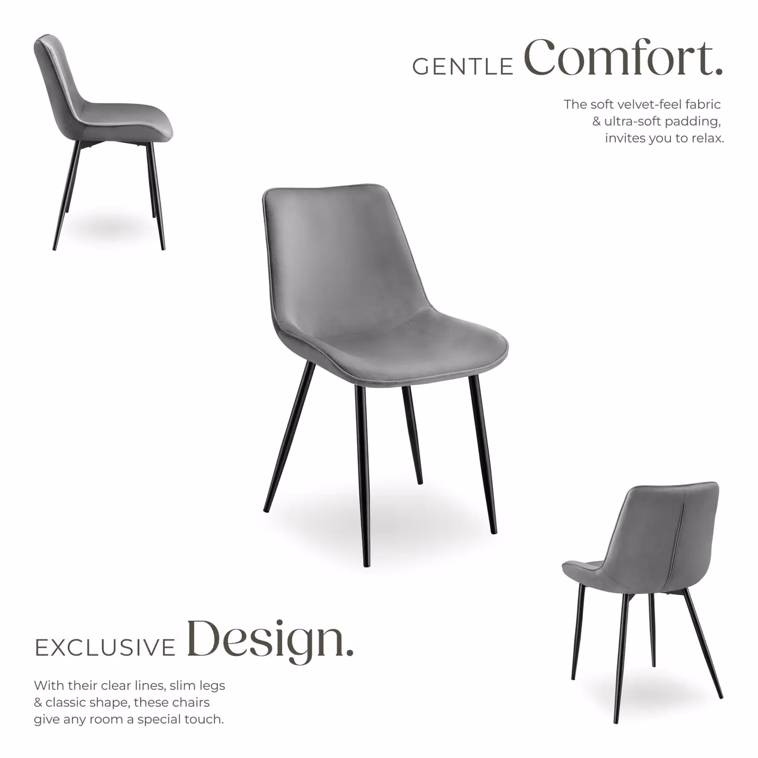 tectake Monroe Dining Chair Set of 2 in Grey Velvet Fabric – 3