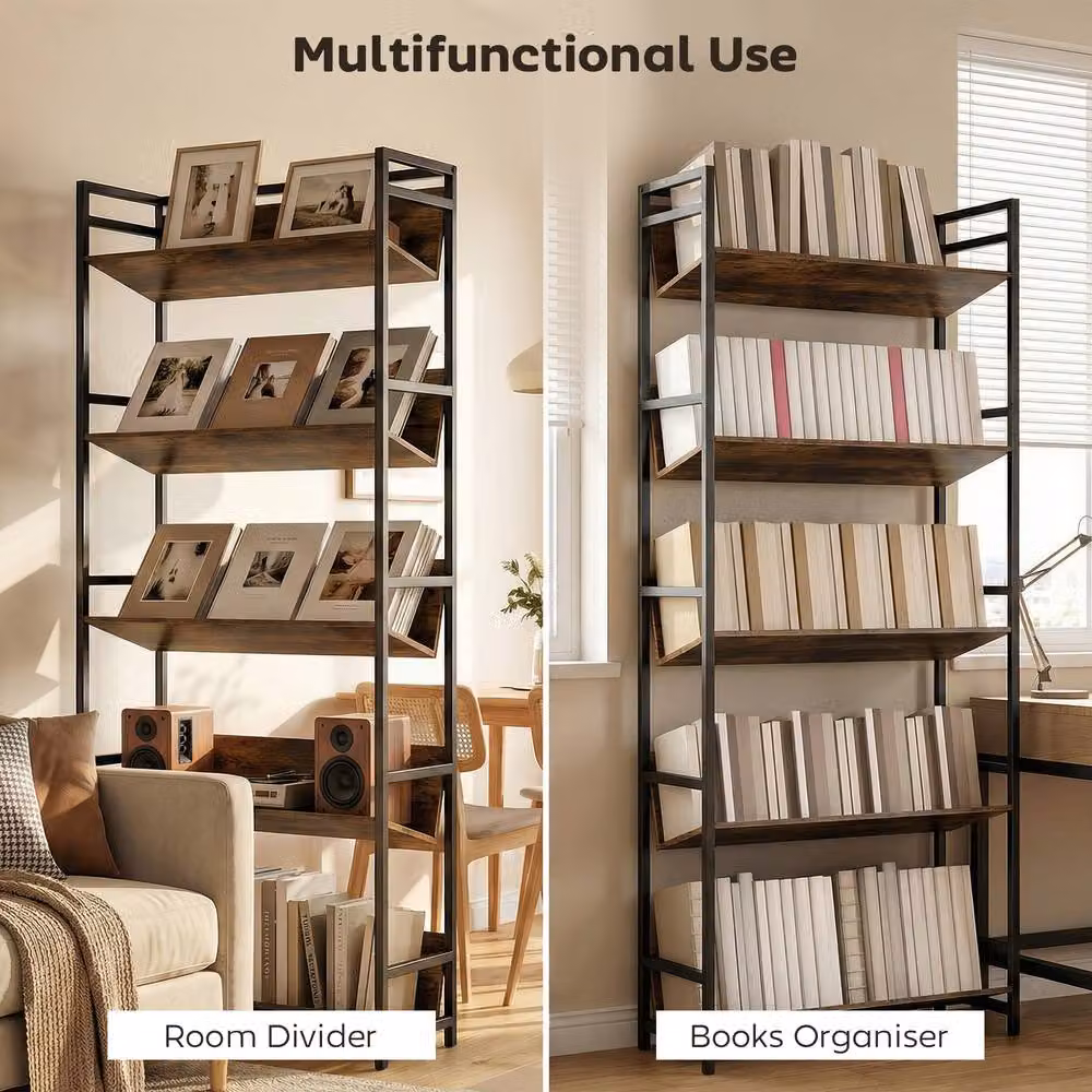 HOMCOM 5-Tier Industrial Bookcase in Brown with Anti-Slip Design – 3