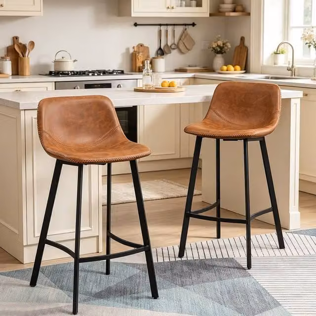 ERGOVEXA Classic PU Leather Dining Bar Stools, Set of 2, Brown