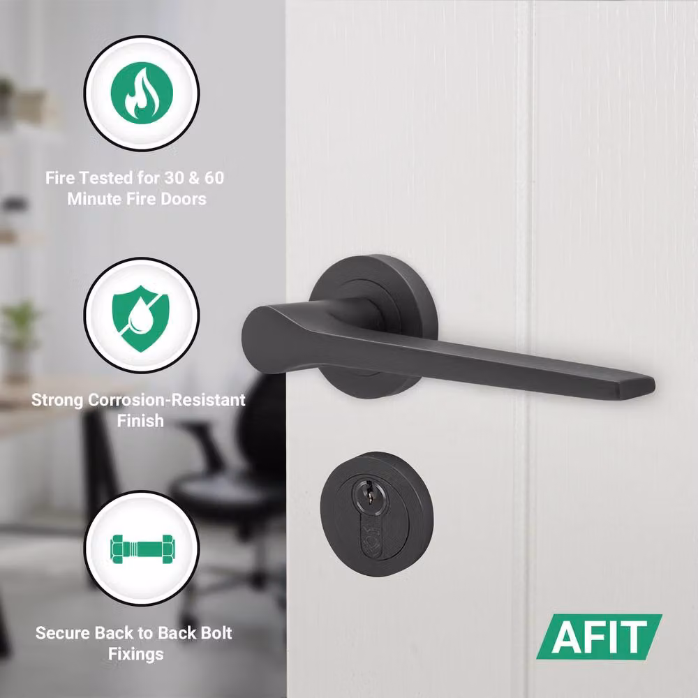 AFIT Black Fire Door Handle Set with Euro Lock Thumbturn Cylinder and Hinges – 2