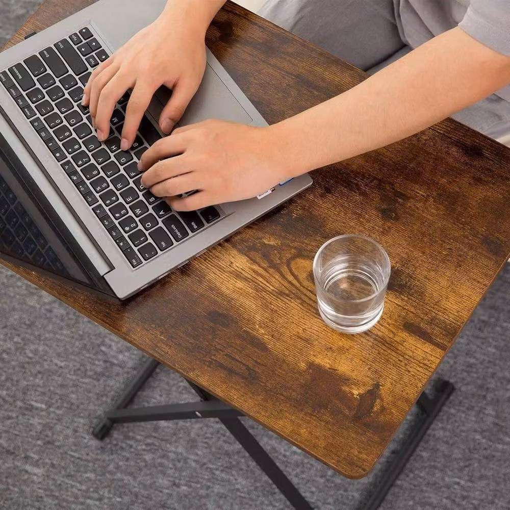 FLAVORA Height Adjustable Folding Side Tray in Brown with Rectangular Wood Top and X-Frame Industrial Design – 4