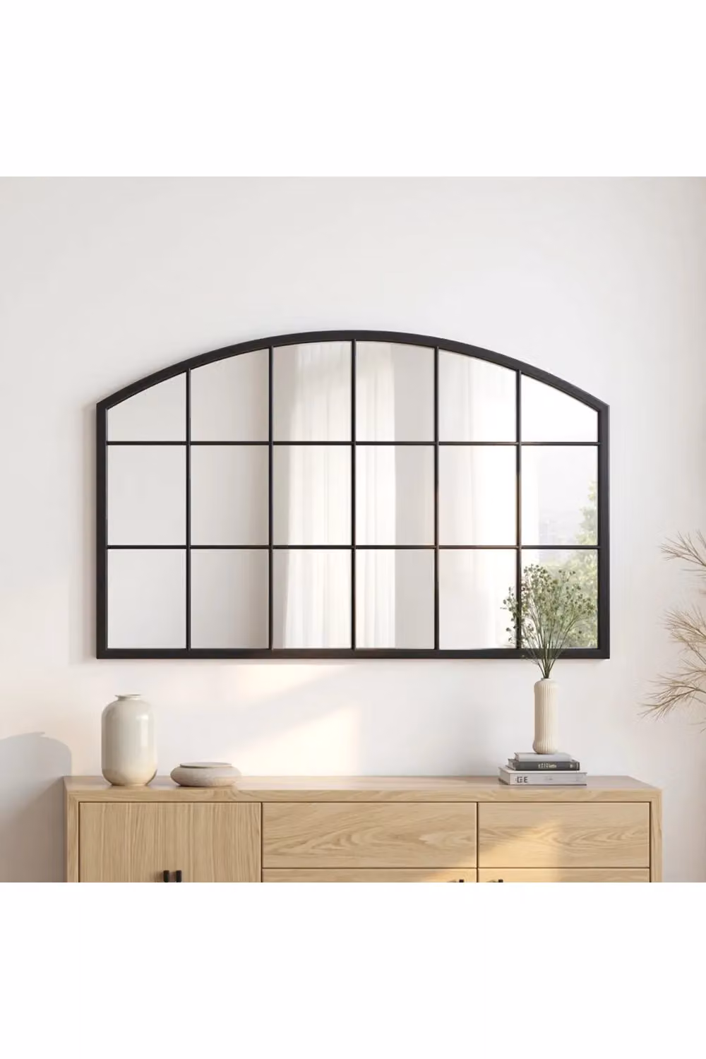 Living and Home Modern Black Metal Arched Grid Wall Mirror, W: 110 cm, H: 70 cm – 3