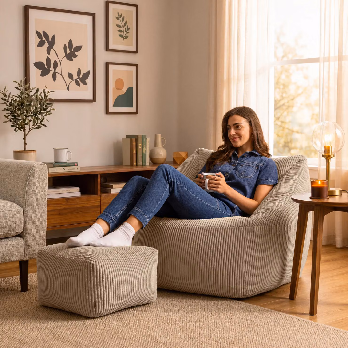 icon Natalia Cord Bean Bag Chair and Footstool Bundle in Beige – 2