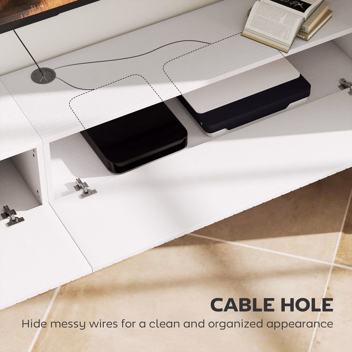 HOMCOM Modern White Floating TV Stand with Cable Management, Fits up to 180 cm TV – 4