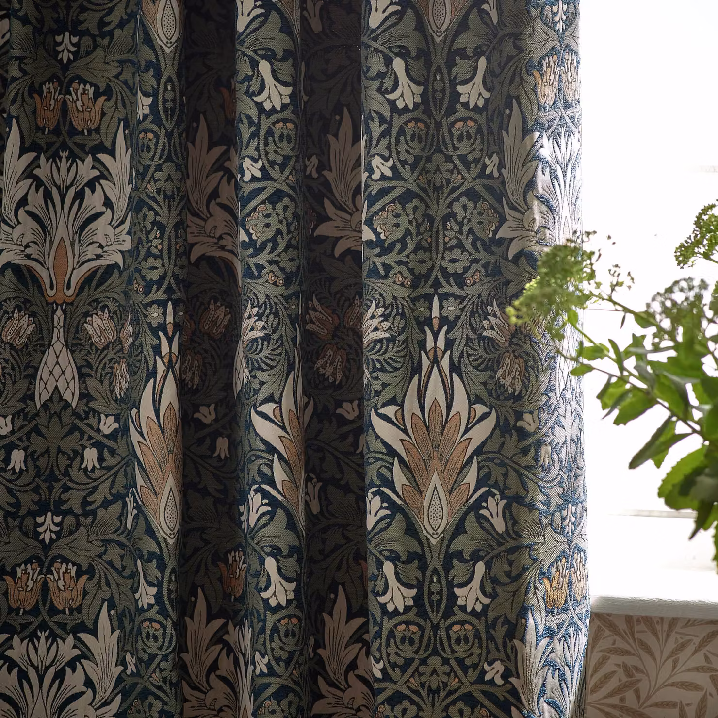 Morris & Co. Snakeshead Jacquard Chenille Pencil Pleat Room Darkening Curtains in Blue, Width: 168 cm, Drop: 183 cm – 3