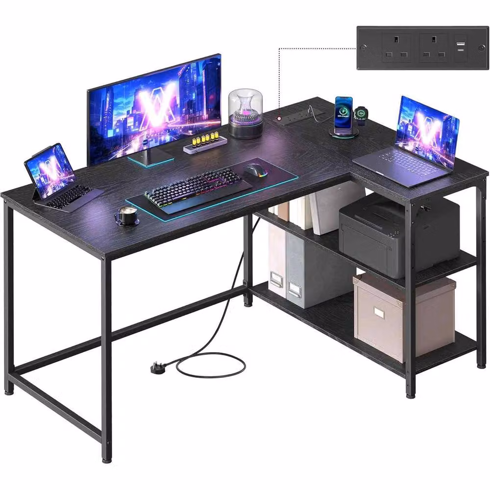 The Bazaarist L-Shaped Corner Computer Desk with Power Outlets in Jet Black – 2