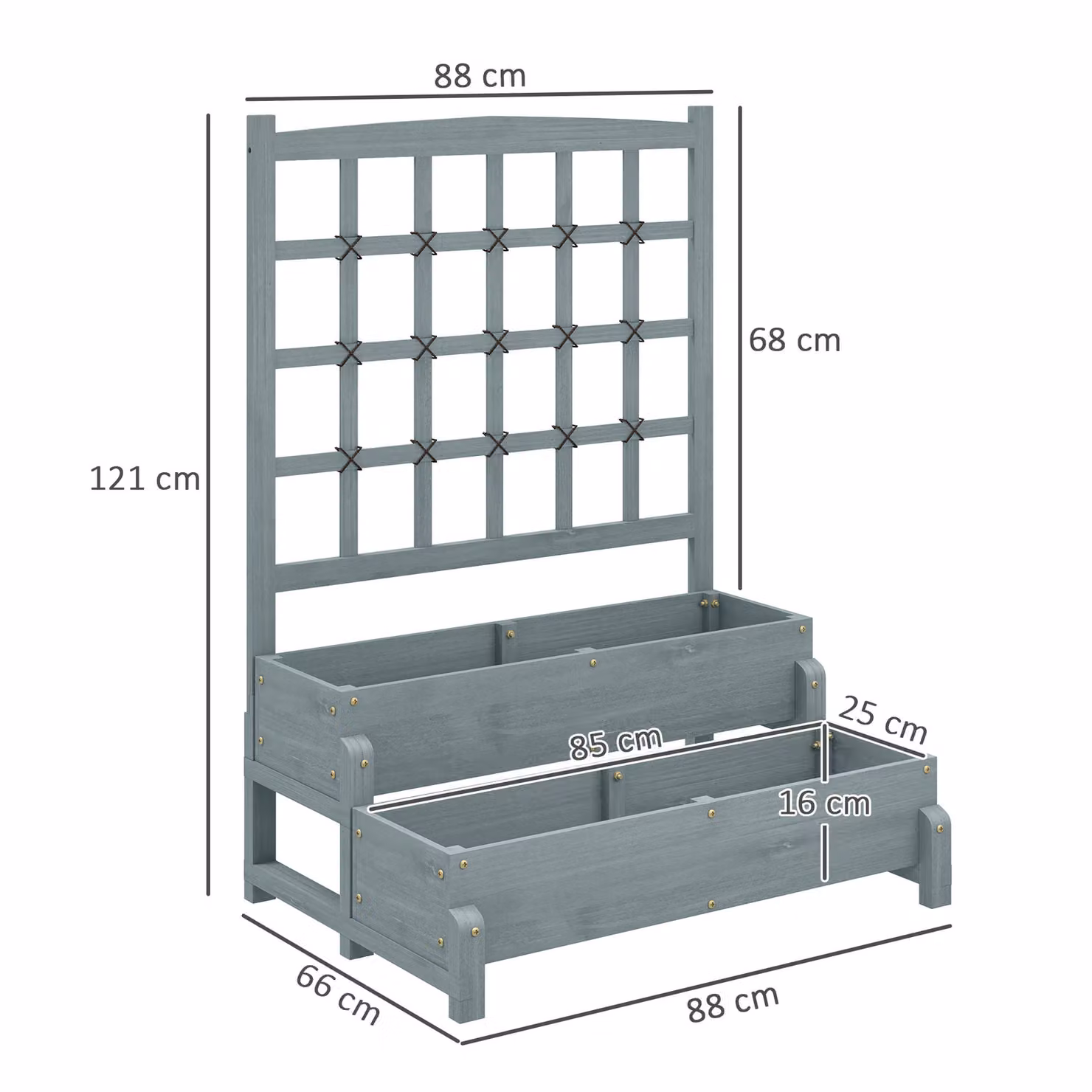 Outsunny 2-Tier Wooden Raised Garden Bed with Trellis and Drainage Holes, Grey Elevated Planter Box for Vegetables and Flowers – 3