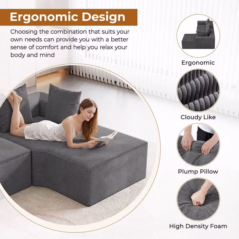 Dprodo Grey Corduroy Right L-Shaped Modular Sofa with Scatter Cushions, Width: 320 cm – 7