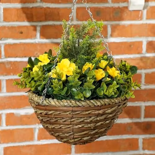 Outsunny Pack of 2 Yellow Lisianthus Hanging Baskets with Realistic PE Rattan Flowers – 5