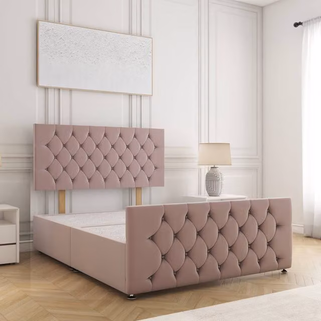 BSSPOKE Maya Double Plush Velvet Divan Bed with 24 inch Headboard in Pink, W/D/H: 140 x 200 cm