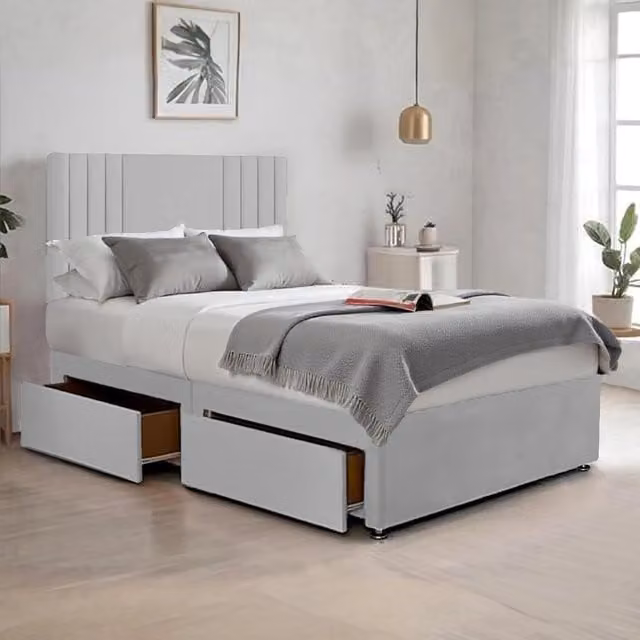 Bed Time UK Plush Sawana Double Bed with 20 inch Headboard, Memory Foam Hybrid Mattress and 2 Drawers in Silver, W/D/H: 140 x 200 cm