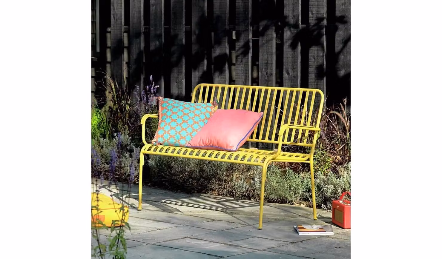 Indu 2 Seater Metal Garden Bench in Yellow with Cushions