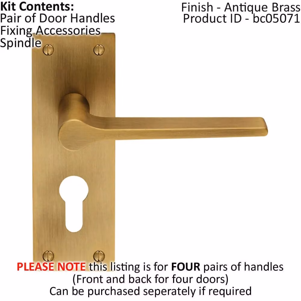 Loops 4 Pairs of Flat Straight Lever Slim Euro Lock Backplate Handles in Antique Brass, W: 150 mm, H: 50 mm – 2