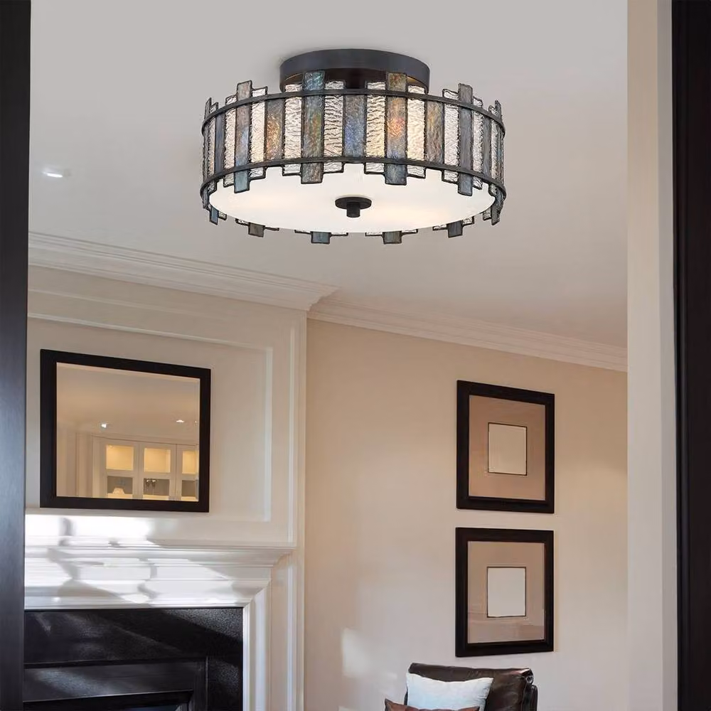 Netlighting Sentry 2 Light Semi Flush Ceiling Light in Black and Multicolour Art Glass – 2