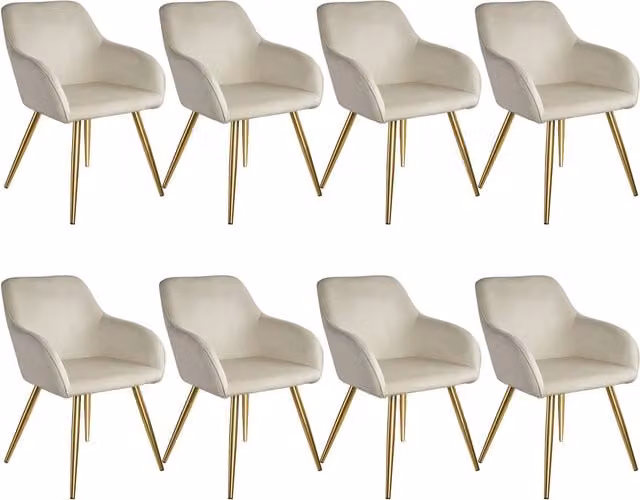 Tectake Marilyn Accent Chair Set of 8 with Armrests in White Velvet and Gold Metal