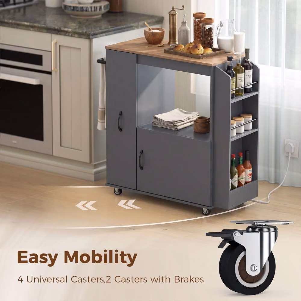 HOMCOM Modern Grey Rolling Kitchen Trolley with Power Outlet – 4