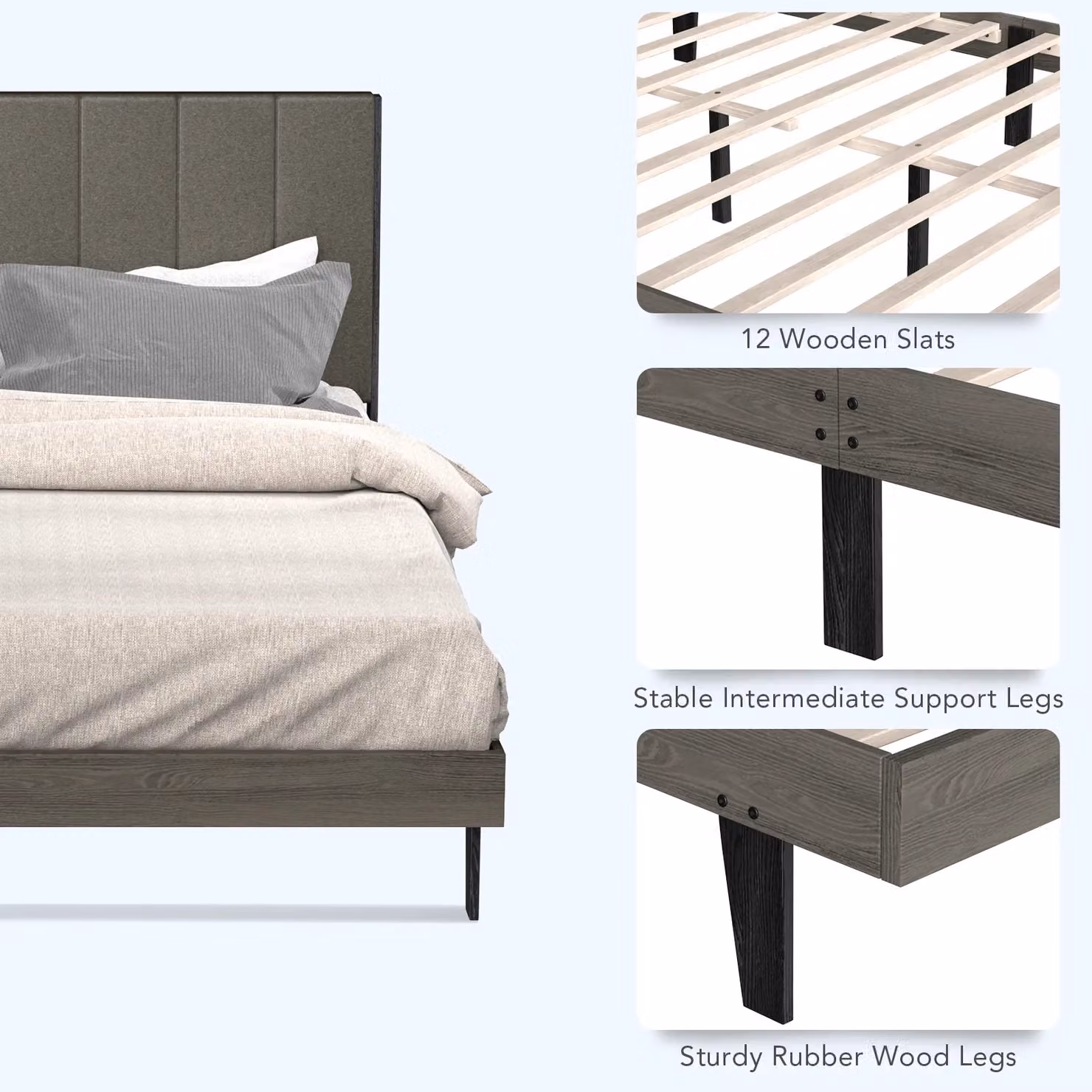 Costway Upholstered Bed Frame with Wooden Slats Support in Grey, 150 x 200 cm – 5