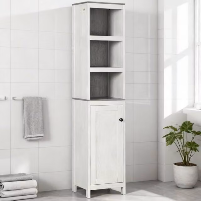 ERGOVEXA Modern White Corner Bathroom Storage Cabinet with Hinged Doors and Internal Shelves, H 161 x W 32 x D 30 cm