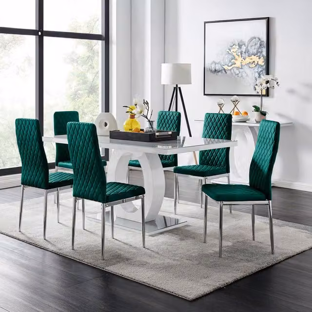 FurnitureboxUK Giovani Grey Dining Set with Rectangular Glass Table and 6 Green Velvet Milan Chairs