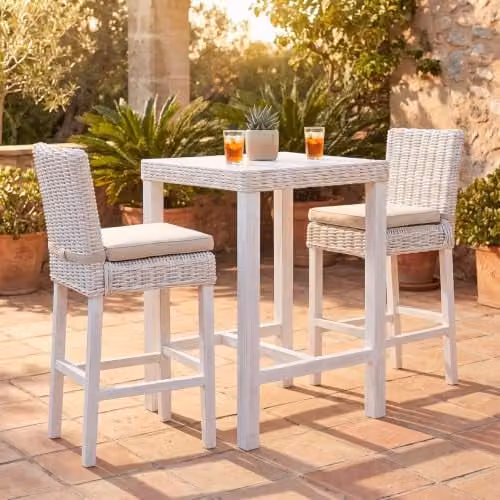 FWStyle Whitewash Kubu Rattan Bar Breakfast Table in White with Pine Wood, W: 100 cm, H: 73 cm, D: 32 cm – 2
