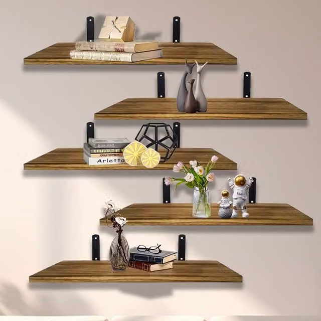 Ventryn 5 Piece Rustic Wooden Floating Wall Shelves in Brown Oak – 1