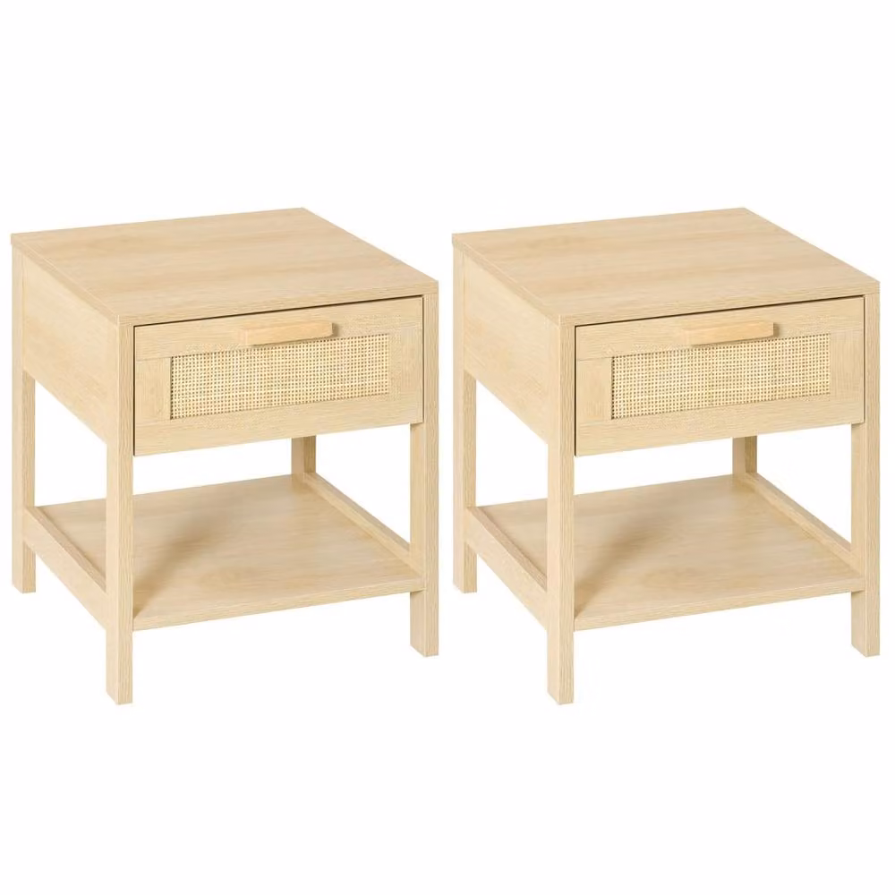 Wyld Haus Dilamo Set of 2 Farmhouse Bedside Tables with Rattan Drawer and Open Shelf in Beige – 2