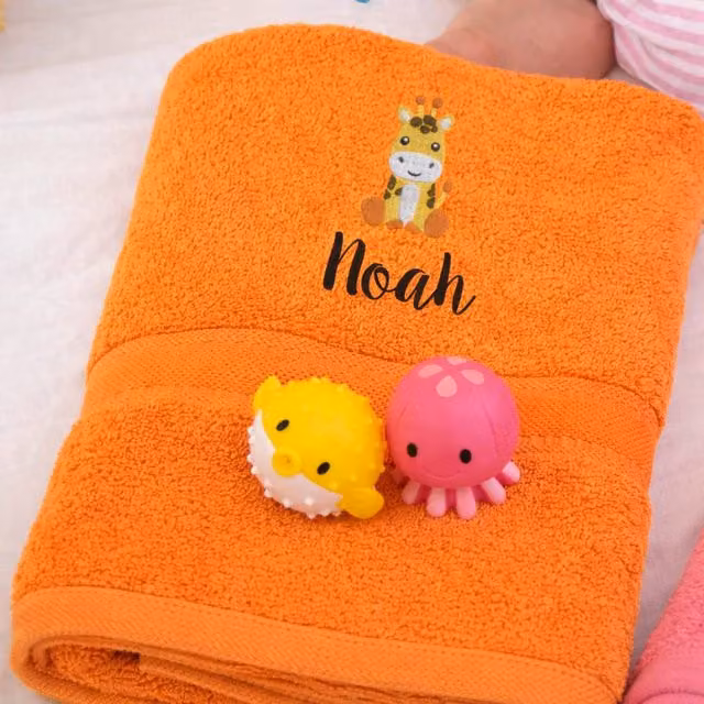 Duncan Stewart Personalised Giraffe Kids Bath Towel, Orange, W: 70 cm, H: 130 cm