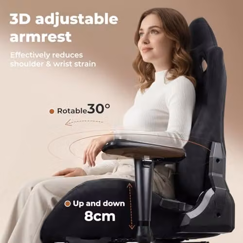 Levede Ergonomic Gaming Chair with Footrest, Reclining Black Microfibre High Back Office Chair with Lumbar Support and Headrest for Adults – 8