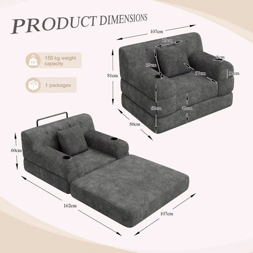 Rolipo Grey Corduroy 1-Seater Sleeper Sofa Chair with Cup Holders – 2