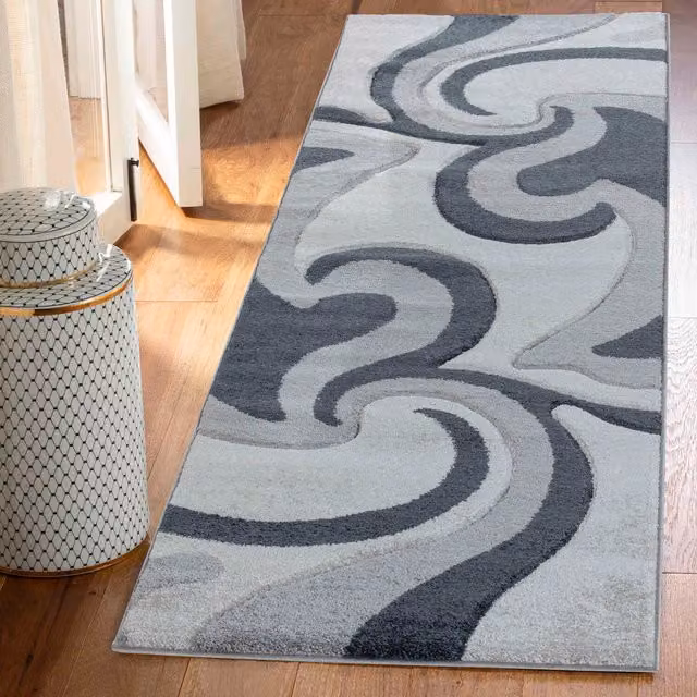 Desire Rugs Valencia Modern Swirl Design Carved Area Rug Runner, Grey and Black, W: 60 cm, L: 220 cm