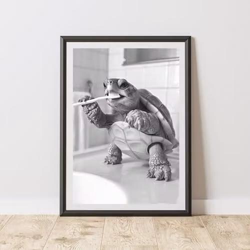 60 Second Makeover Turtle Brushing Teeth Animal Print Paper Poster, A3