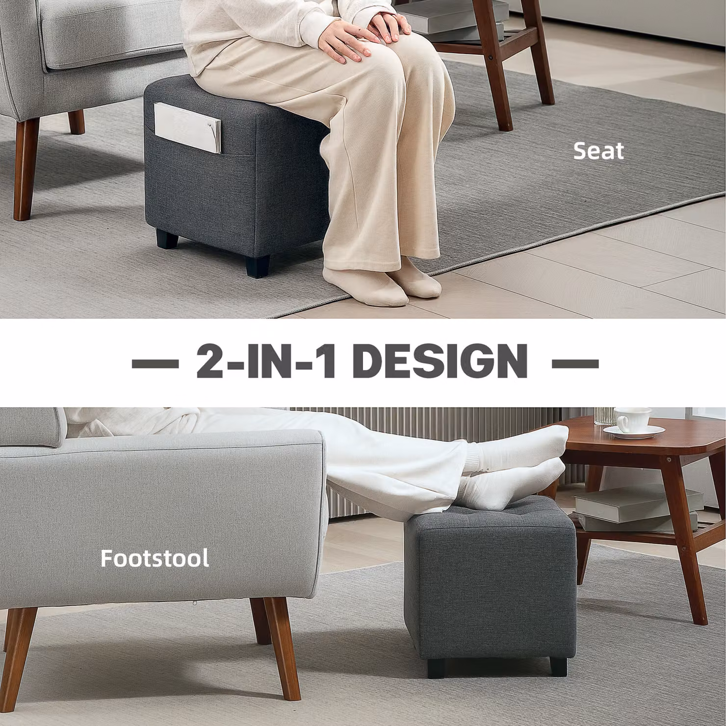 HOMCOM Square Linen Fabric Footstool in Grey with Rubberwood Legs, W/D/H: 35 x 35 x 35 cm – 4