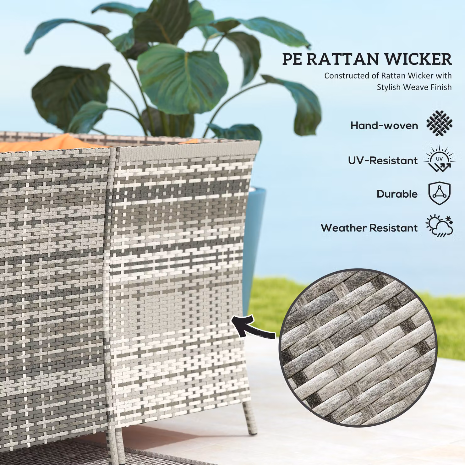 Outsunny 7-Seater U-Shape Rattan Patio Sofa Set with Cushions and Coffee Table in Orange and Grey – 4