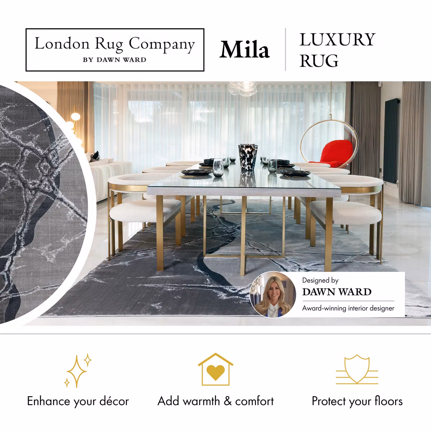 London Rug Company Mila Luxury Abstract Short Pile Rug in Grey, Black and Silver, W: 240 cm, D: 340 cm – 3